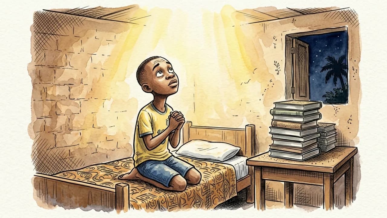 Un élève camerounais en t-shirt jaune prie à genoux sur son lit, la nuit, sous une lumière dorée, à côté d'une pile de livres jamais ouverts