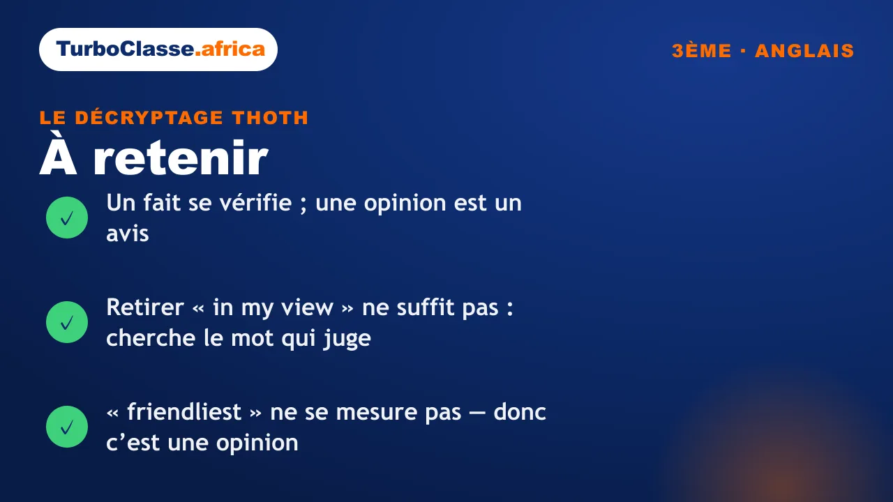 Carte « à retenir » : ce qui distingue un fait d’une opinion, le mot caché qui juge, et le cas du superlatif. Fond bleu nuit TurboClasse.