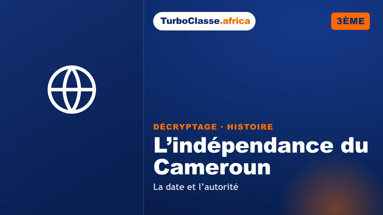 3ème (BEPC) — Histoire : l’indépendance du Cameroun, la date et l’autorité. Décryptage Thoth, fond bleu nuit.