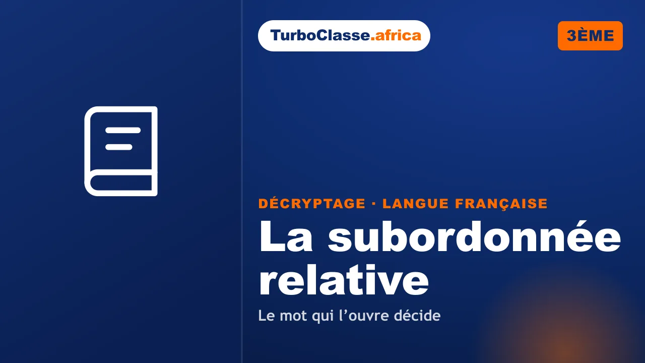 3ème (BEPC) — Langue française : la subordonnée relative, le mot qui l’ouvre décide. Décryptage Thoth, fond bleu nuit.