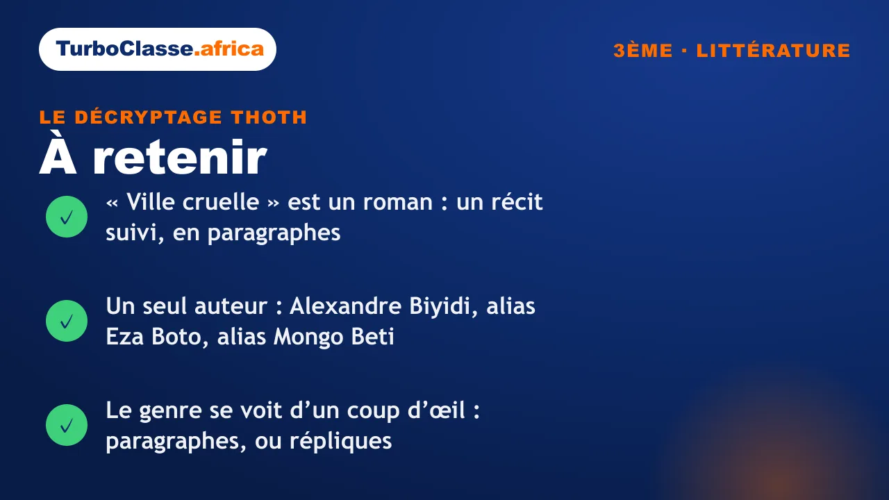 Carte « à retenir » : le genre du livre, l’auteur unique derrière trois noms, et le coup d’œil qui distingue roman et théâtre. Fond bleu nuit TurboClasse.