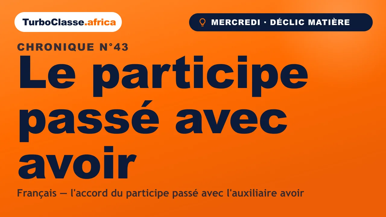 Chronique THOTH « Le participe passé avec avoir » — la règle d'accord expliquée simplement, sur fond orange TurboClasse.