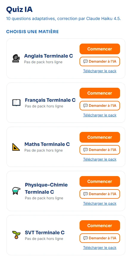 Liste des matières avec un bouton « Télécharger le pack » par matière, pour réviser hors ligne