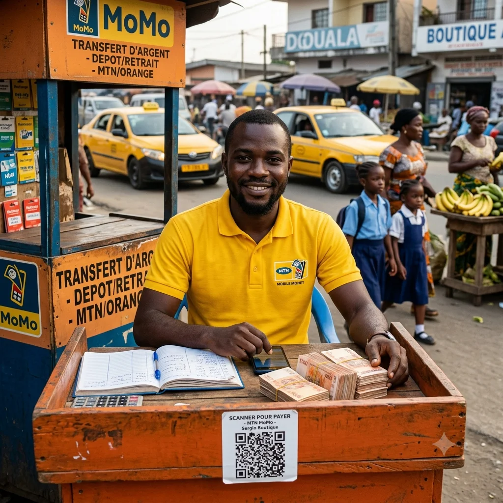 Sergio, gérant de kiosque Mobile Money à Bafoussam, dans son box bleu et orange avec son cahier de comptes et ses billets sur le comptoir.