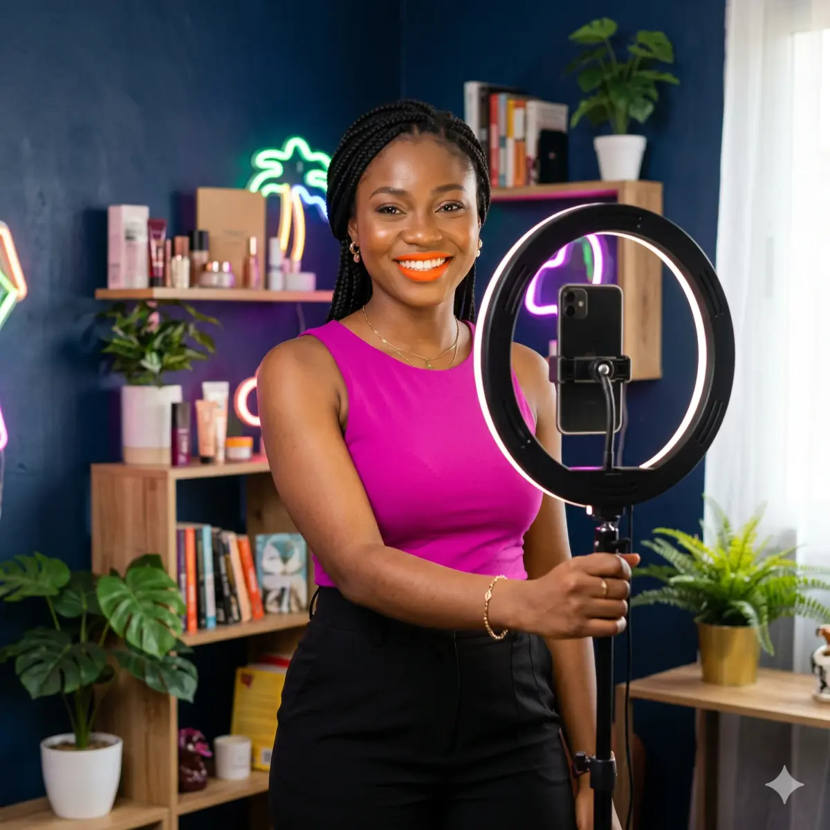 Cynthia, 22 ans, étudiante en communication à l'IUT de Yaoundé et micro-influenceuse TikTok @cynthia_revise237, en train de filmer un sketch dans sa chambre étudiante.