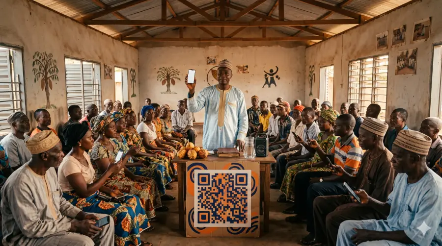 Patron Vincent en boubou clair, debout devant une assemblée de la Coopaca, présente son smartphone à une trentaine de familles paysannes assises sur des bancs en bois dans une salle communautaire de Mbalmayo.