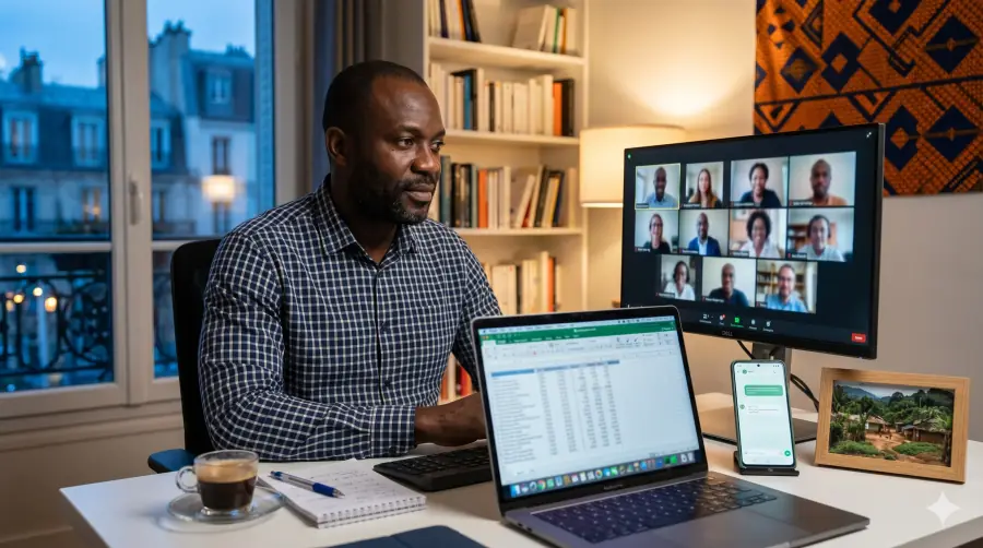 Maître Charles à son bureau à Paris en pleine réunion Zoom CDV, écran 27 pouces, café, smartphone à côté affichant une notification verte Mobile Money.