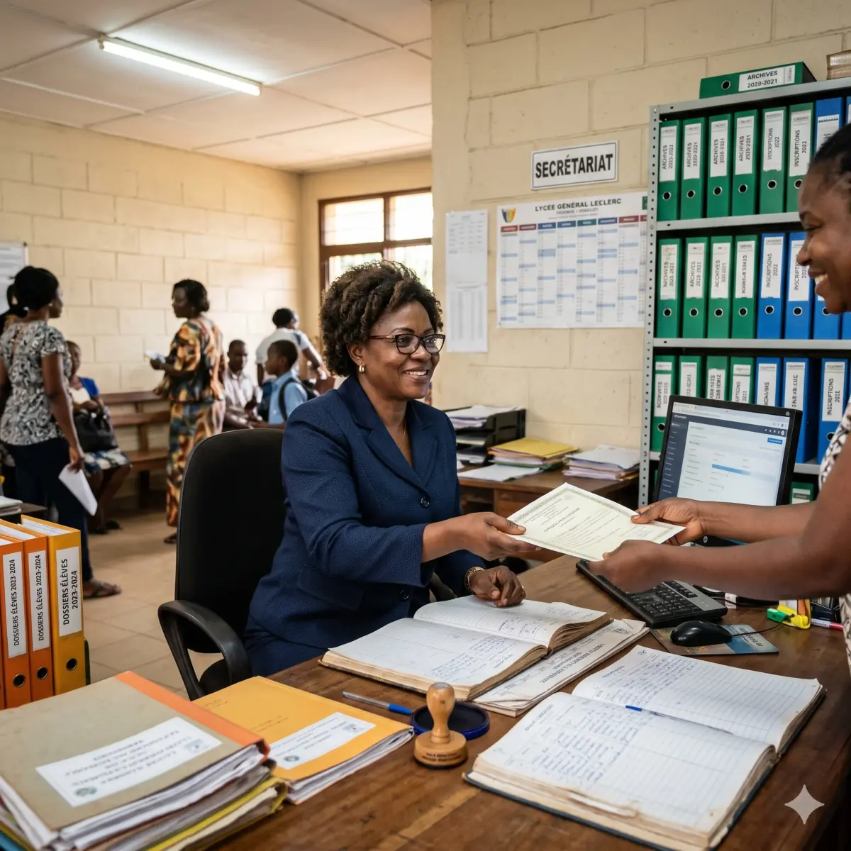 Madame Suzanne, secrétaire administrative d'un lycée camerounais, derrière le comptoir du secrétariat, remet un certificat à une mère venue pour son enfant, tampon officiel et registres ouverts sur le bureau.