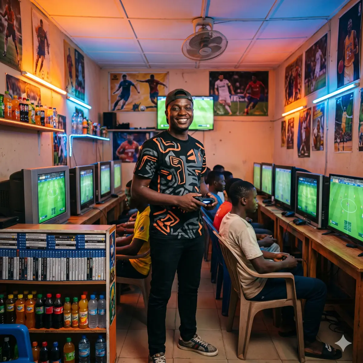 Patron Cédric, gérant d'une salle de PlayStation à Bonamoussadi (Douala), debout entre les rangées de TV où des jeunes jouent à FIFA, manette à la main, sourire confiant, néons bleus et orange aux murs.