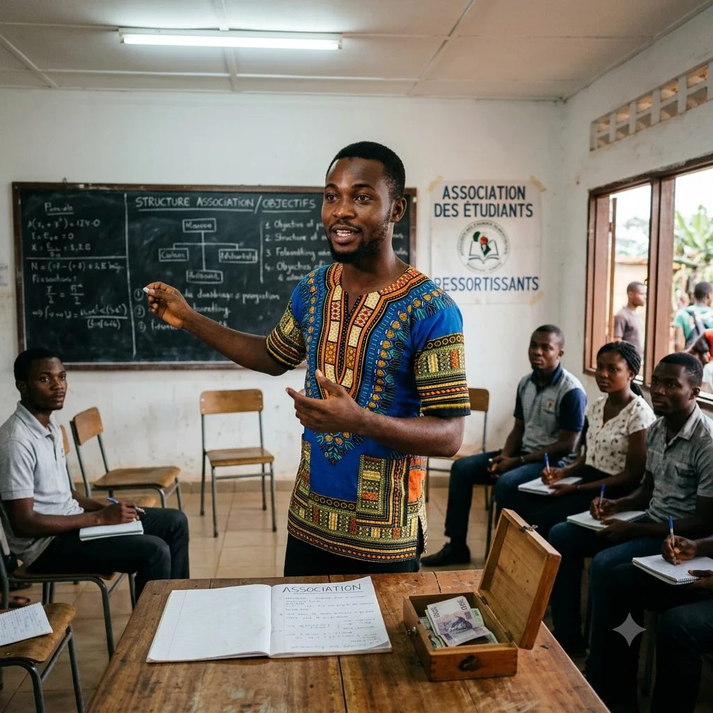Anatole, président d'une association régionale d'étudiants à Douala, debout devant son bureau avec la caisse en bois de l'association et un cahier de comptes.