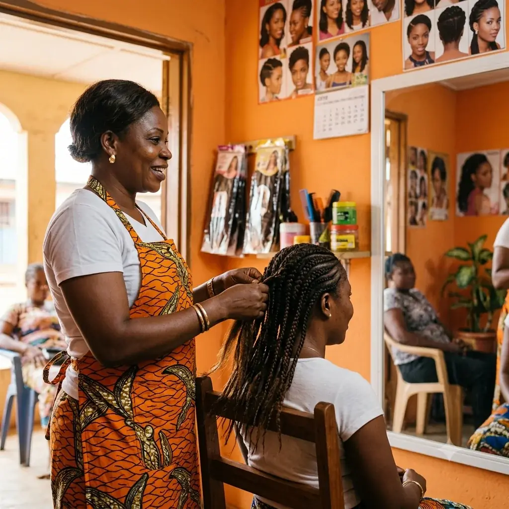 Tresseuse camerounaise au travail dans son salon avec smartphone et code Ambassadrice à l'écran