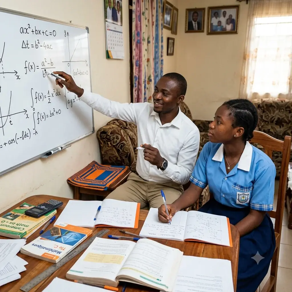 Maître Cyrille, répétiteur à domicile à Yaoundé, assis à côté d'une élève de Terminale et lui expliquant une équation de maths sur un petit tableau blanc, cahiers et calculatrice ouverts sur la table du salon.