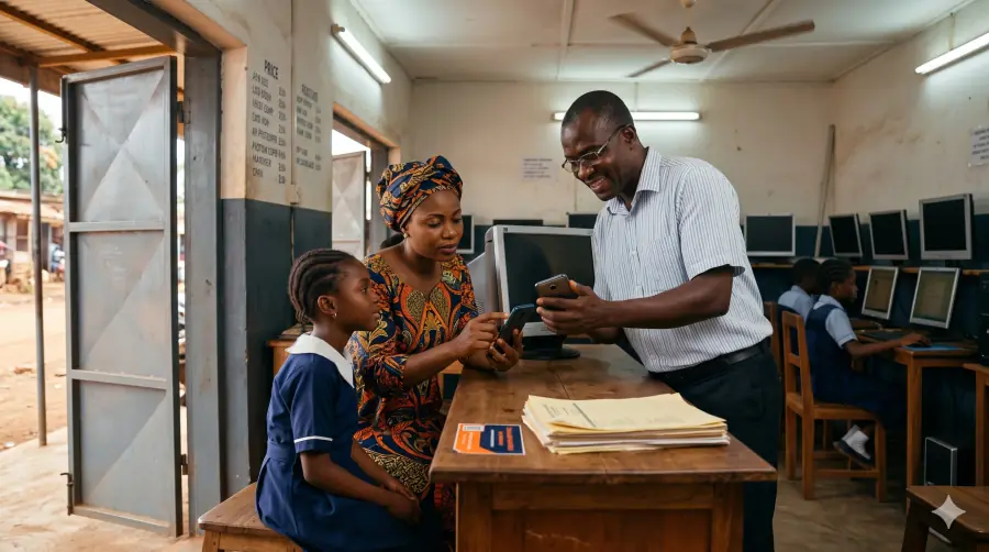 Tonton Désiré présente l'écran de TurboClasse à Maman Sophia, accompagnée de sa fille Liliane en uniforme, au comptoir du cybercafé d'Étoudi ; au coin du comptoir, un petit autocollant orange et bleu rappelle le code Ambassadeur.