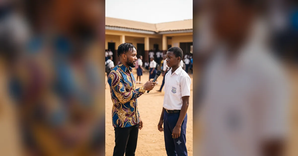Un journaliste tend un micro à un élève en uniforme dans une cour de collège camerounais