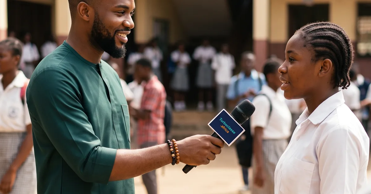 Un journaliste tend un micro à une élève dans la cour d'un lycée camerounais