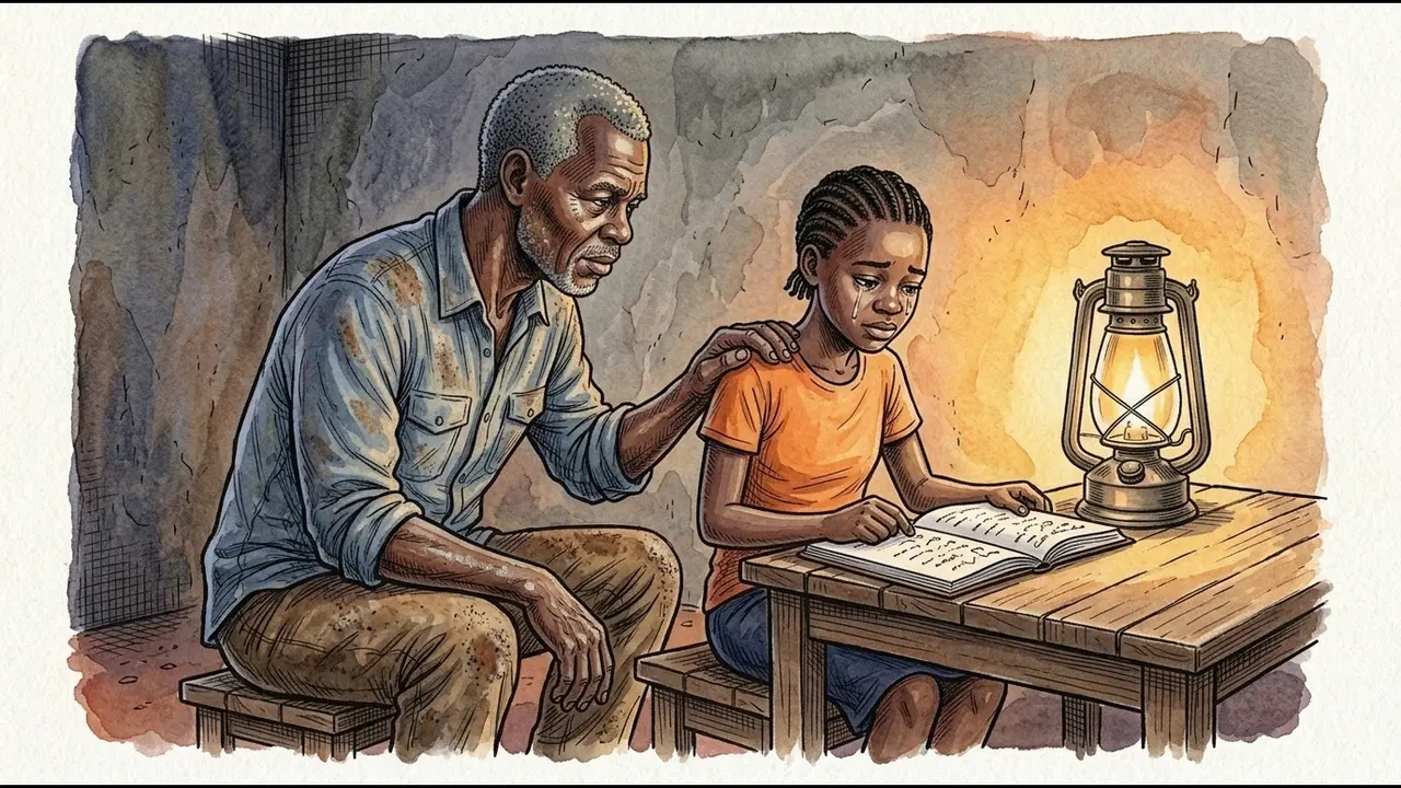 Un père camerounais assis près de sa fille, la main sur son épaule, la nuit, à la lumière d'une lampe tempête, devant un grand cahier ouvert