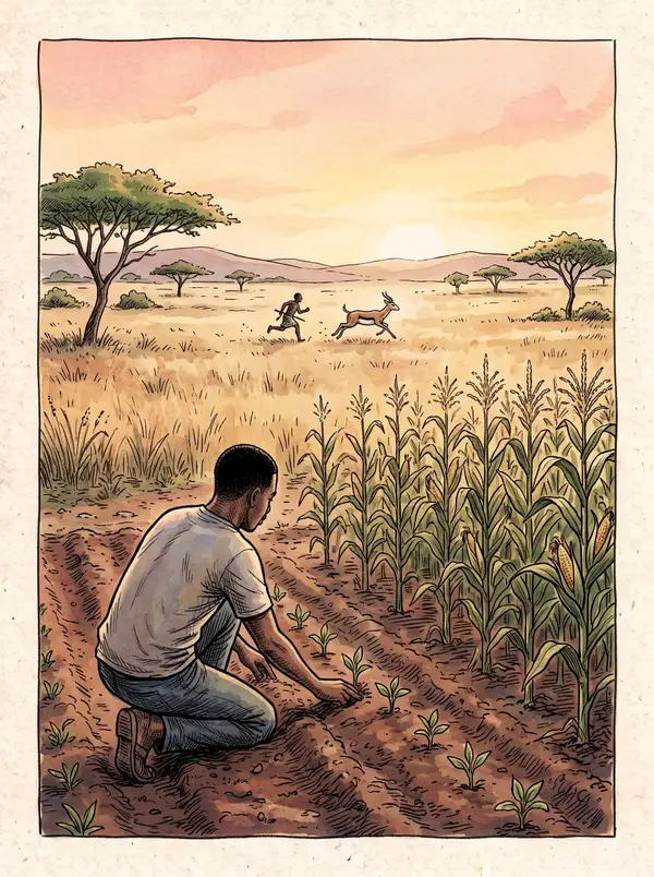 Illustration du conte « La nuit folle de Juju le Boss » : un planteur sème au lever du soleil, un chasseur court au loin