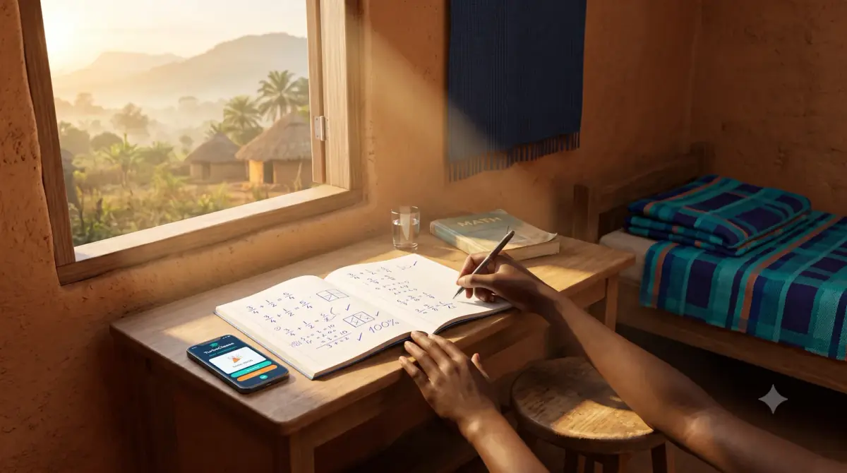Cahier de maths ouvert sur des fractions et un smartphone TurboClasse, au petit matin dans une chambre