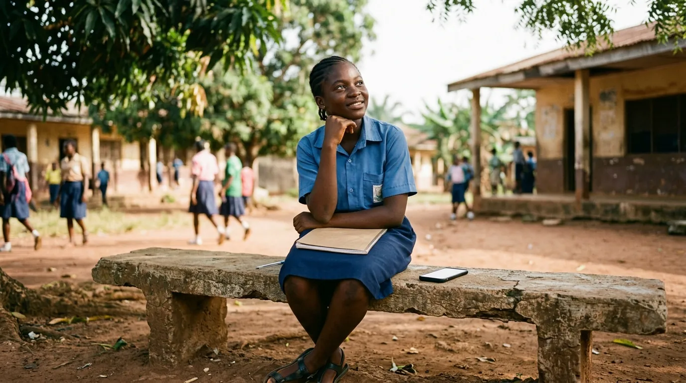 Un journaliste interviewe une élève de Terminale dans la cour d'un lycée au Cameroun