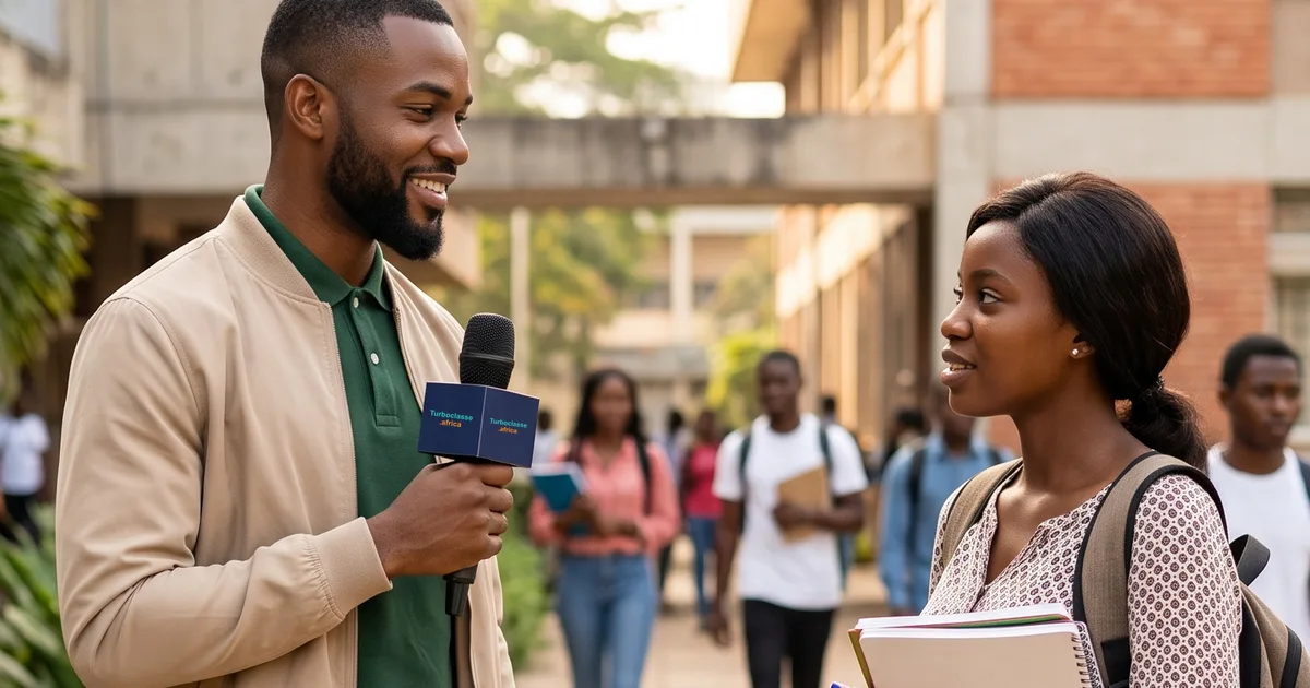 Un journaliste interviewe une étudiante sur un campus universitaire au Cameroun