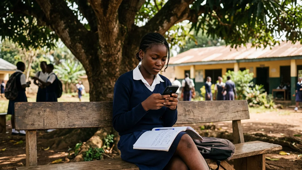 Une lycéenne en uniforme, assise sur un banc sous un arbre dans la cour de son école, lit l'explication d'un exercice sur son téléphone, cahier et stylo posés sur ses genoux.