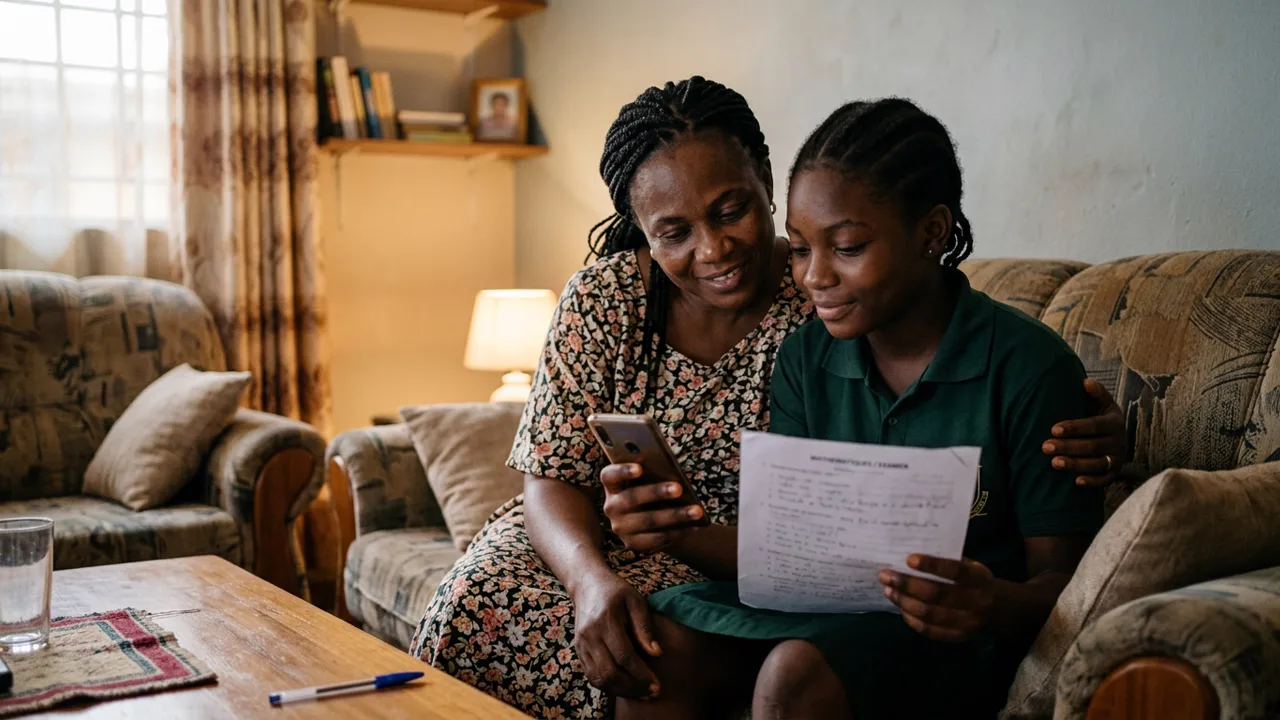 Une mère et sa fille, assises côte à côte sur le canapé du salon : la fille tient sa copie de mathématiques, la mère regarde le téléphone avec elle, calmement.