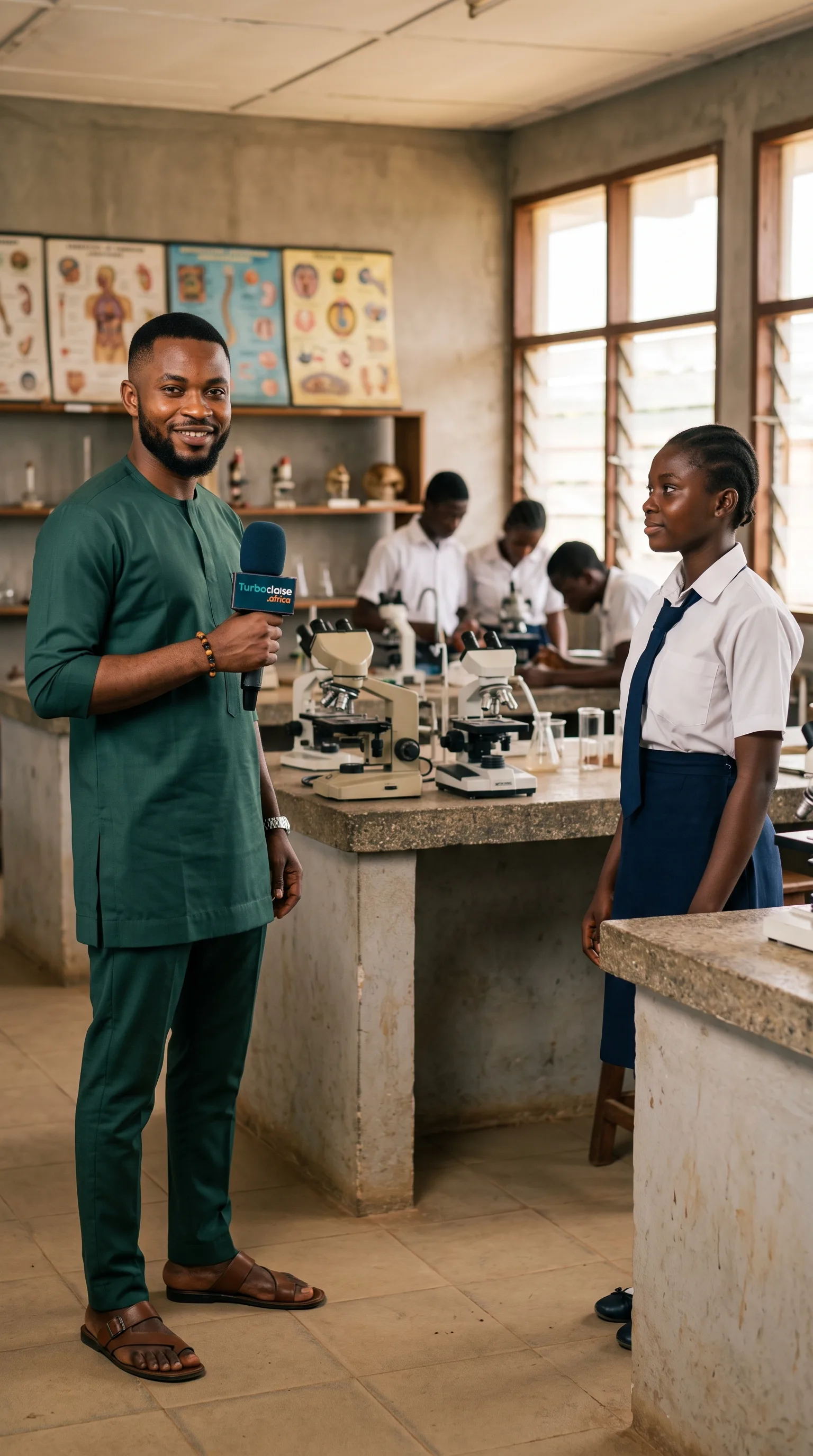 Un journaliste interviewe une élève dans un laboratoire de biologie camerounais
