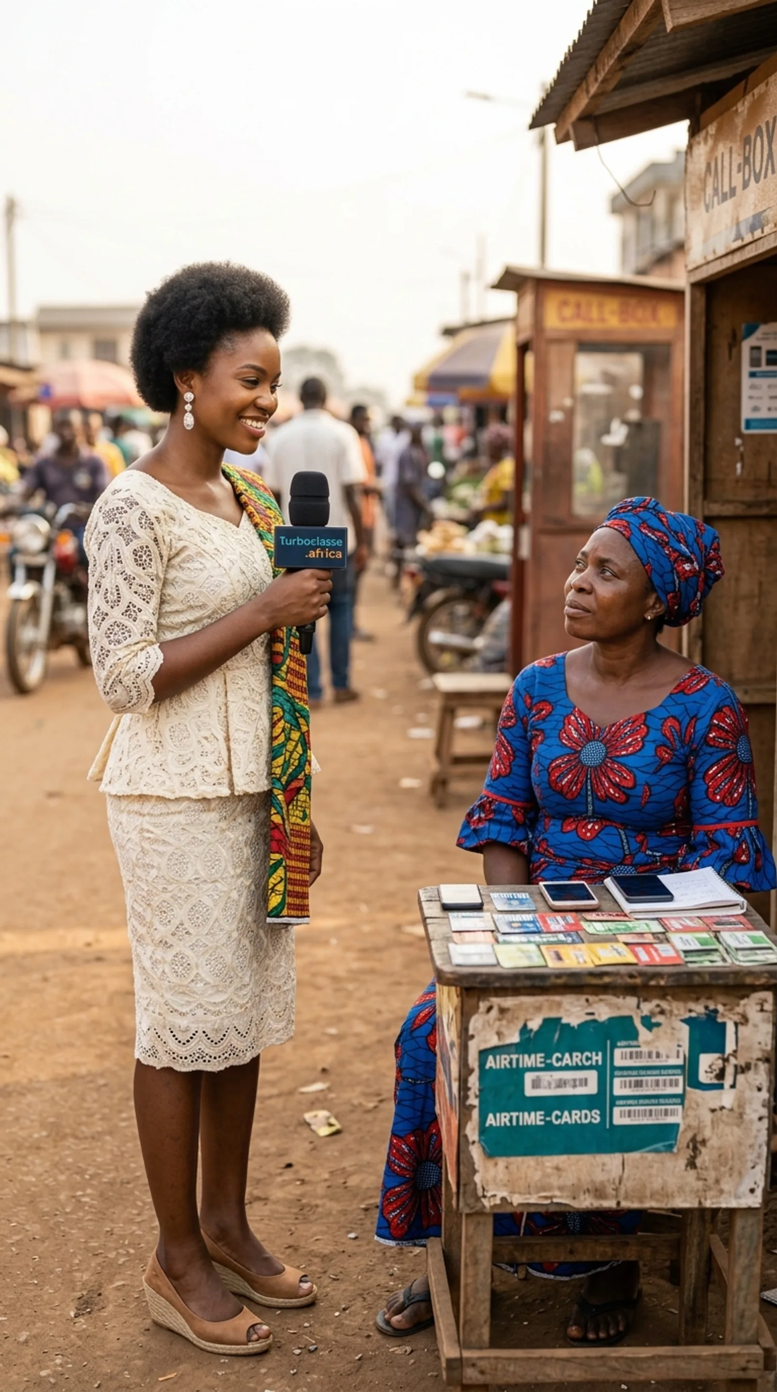 Une journaliste interviewe une tenancière de call-box au bord d'une route au Cameroun