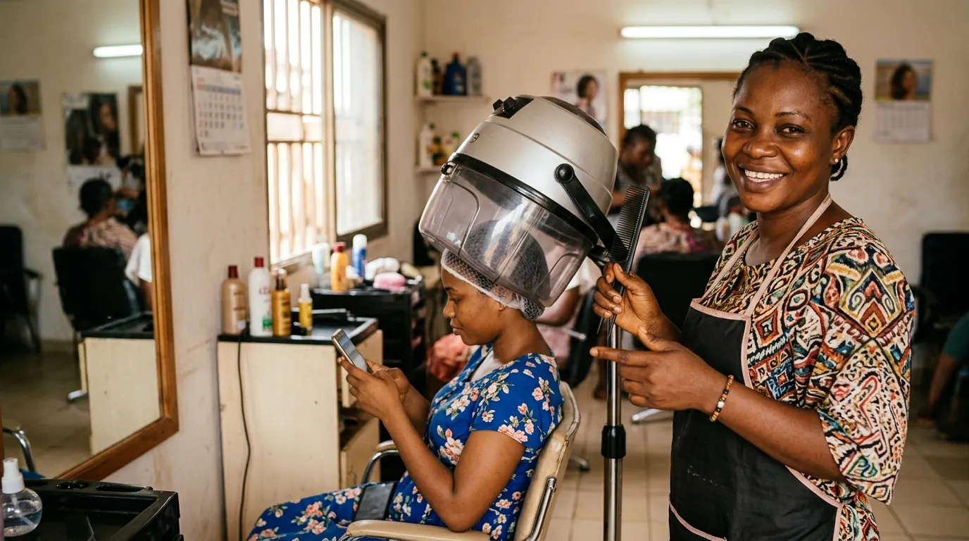 Une journaliste interviewe une coiffeuse dans son salon au Cameroun, près d'un casque séchoir