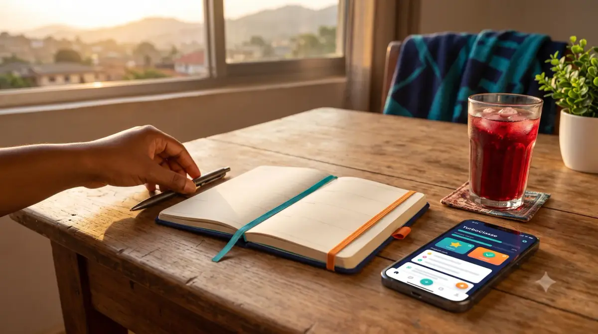 Un carnet de planning, un smartphone TurboClasse et un verre de bissap sur une table, un dimanche soir
