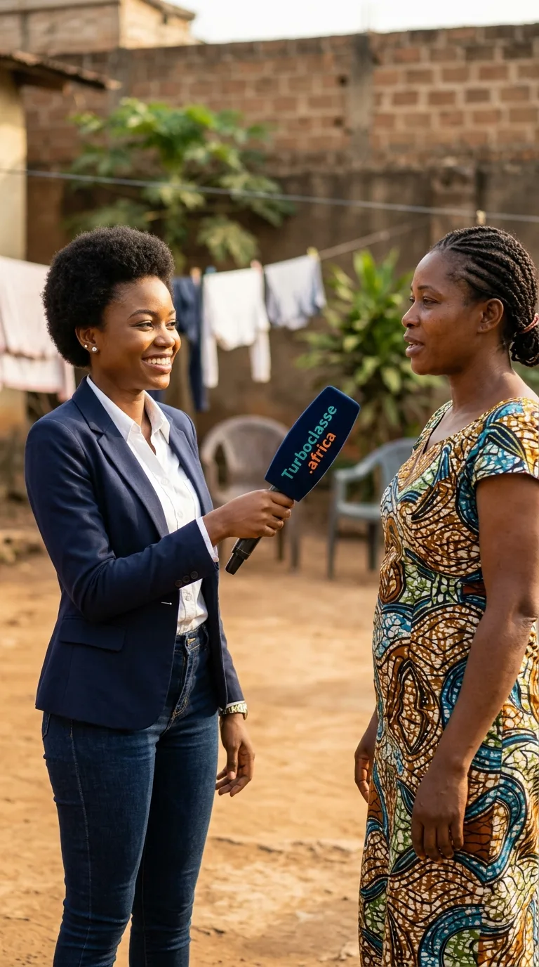 Une journaliste interviewe une maman dans la cour de sa maison au Cameroun