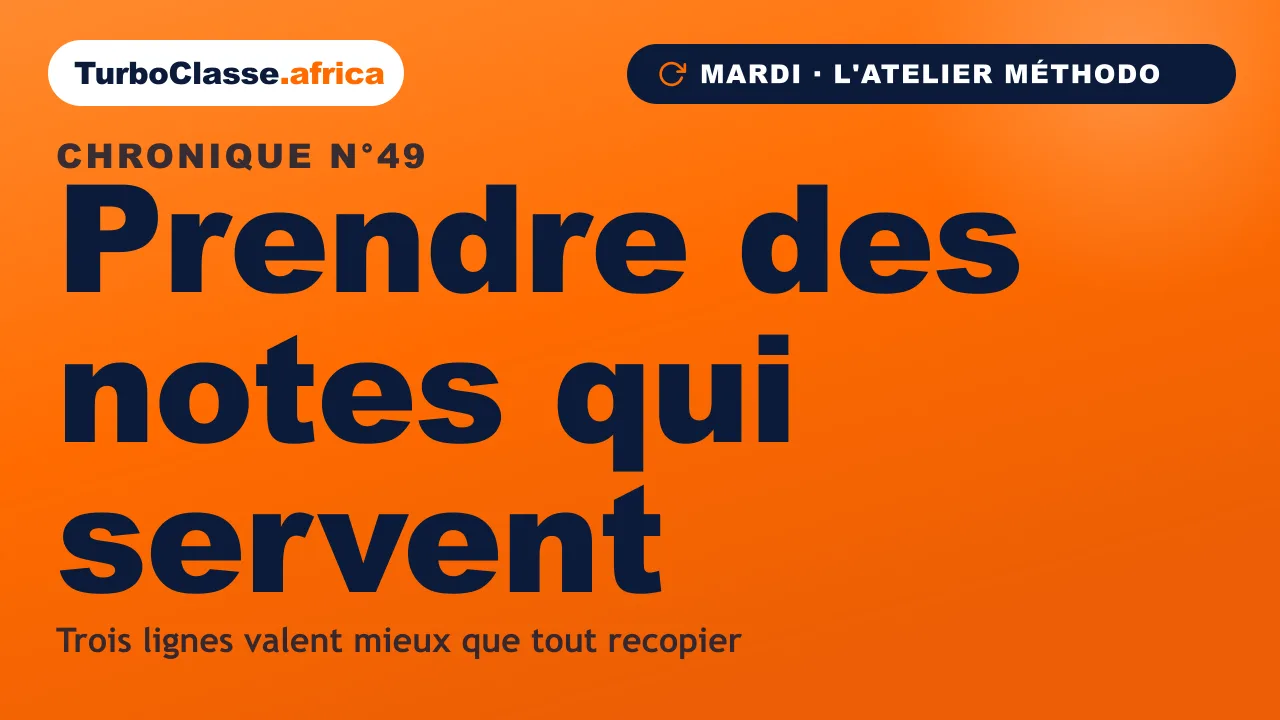 Chronique THOTH « Prendre des notes qui servent » — reformuler en trois lignes au lieu de recopier, sur fond orange TurboClasse.