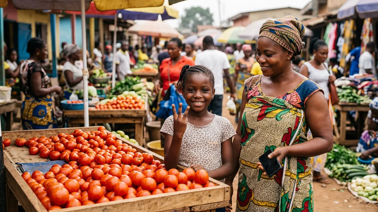 Une écolière, debout avec sa mère devant un étal de tomates au marché, compte sur ses doigts avec un sourire réfléchi ; sa mère tient un téléphone.