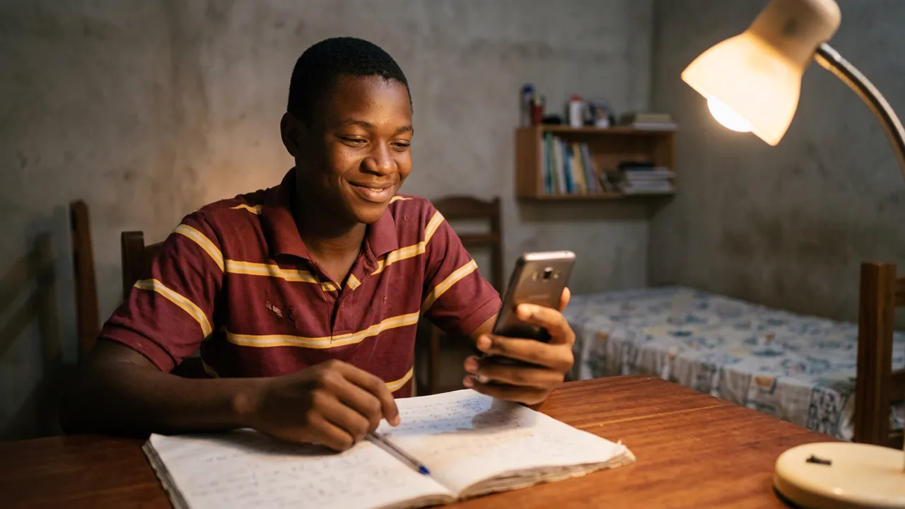 Un lycéen sourit en vérifiant une réponse sur son téléphone, le soir, à son bureau, sous une lampe, son cahier ouvert devant lui.