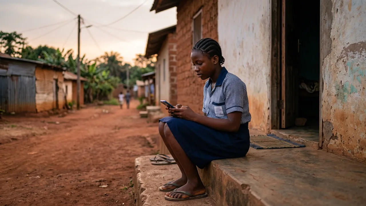 Une collégienne en uniforme, assise sur le pas de la porte de sa maison au crépuscule, fait ses exercices sur son téléphone ; derrière elle, une rue en terre et un poteau électrique.