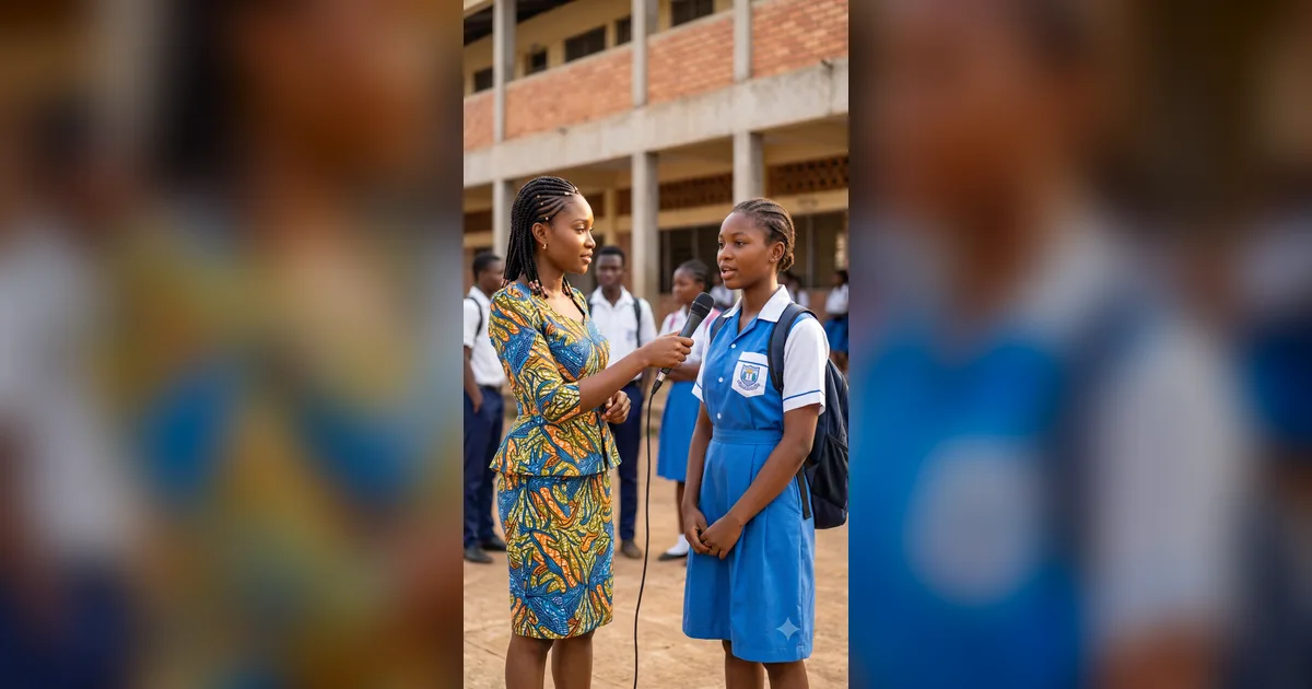 Une journaliste tend un micro à une lycéenne souriante devant son lycée, au Cameroun