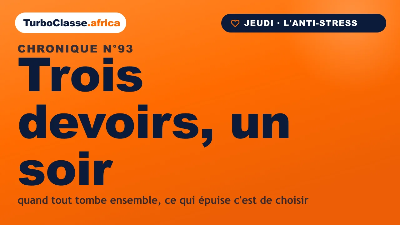 Chronique THOTH « Trois devoirs, un soir » — quand tout tombe le même soir, suivre le plan déjà écrit, sur fond orange TurboClasse.