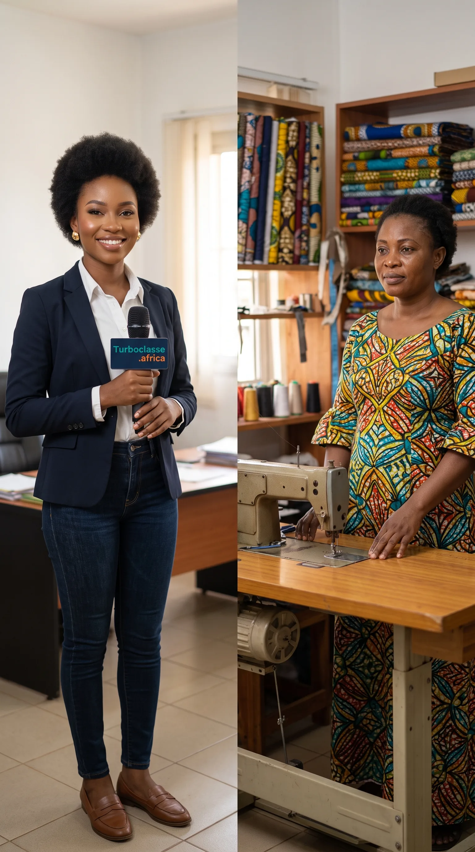 Une journaliste interviewe une couturière dans son atelier au Cameroun